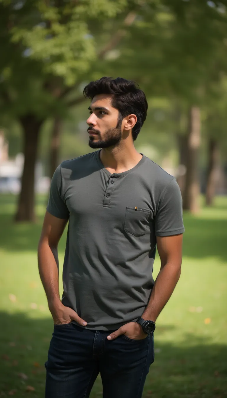 european man in a park with natural lighting and a relaxed pose