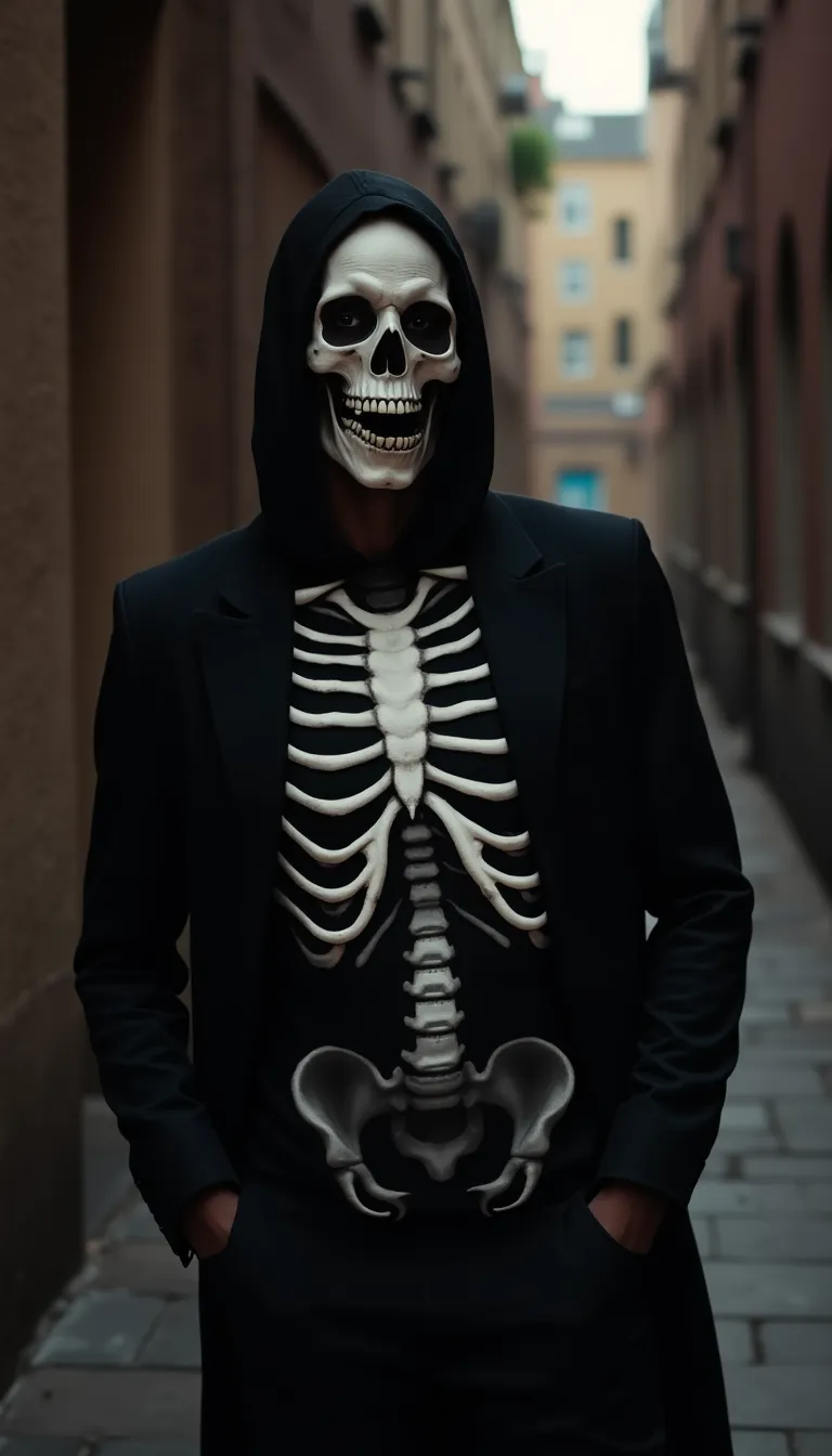 halloween black man in a skeleton costume in a shadowy alleyway