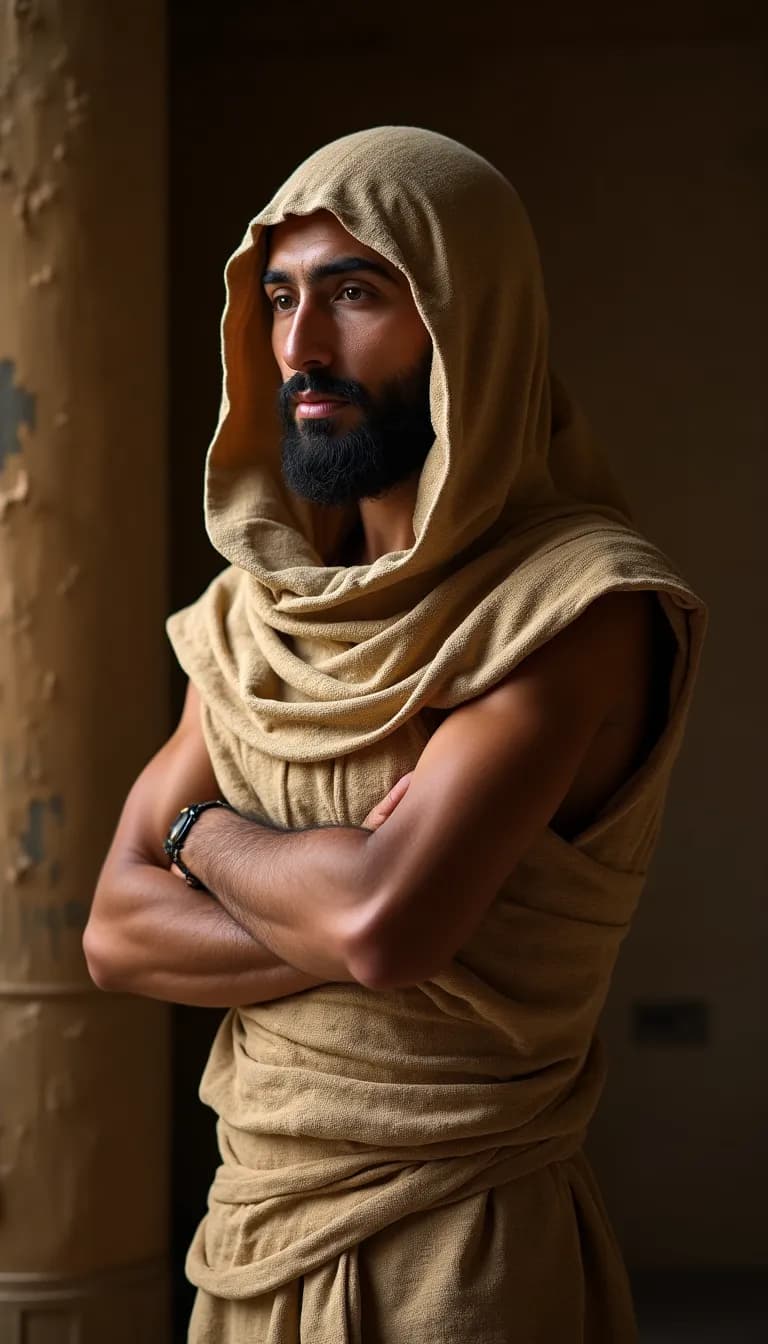 halloween middle eastern man wrapped as a mummy in an ancient tomb