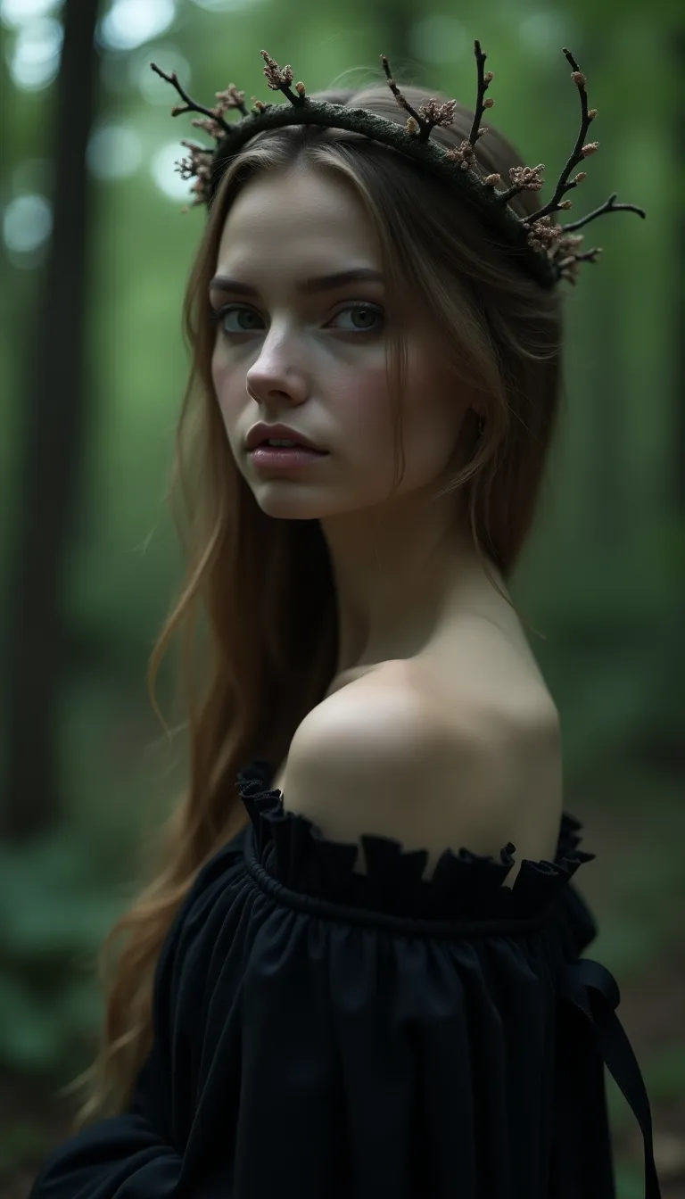 halloween european woman as a dark fairy in a mystical forest