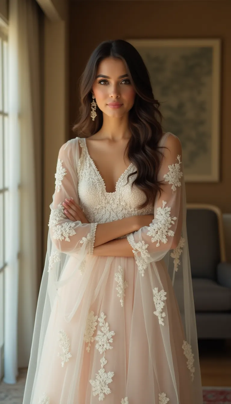 middle eastern woman in a wedding gown  surrounded by soft decor