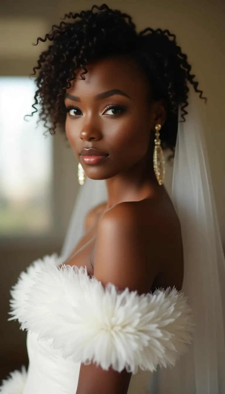 black woman in a stylish wedding dress  softly illuminated