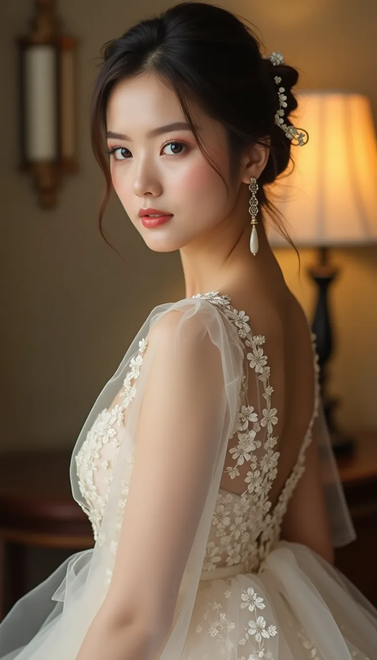 asian woman in an elegant gown  set against a soft  romantic decor