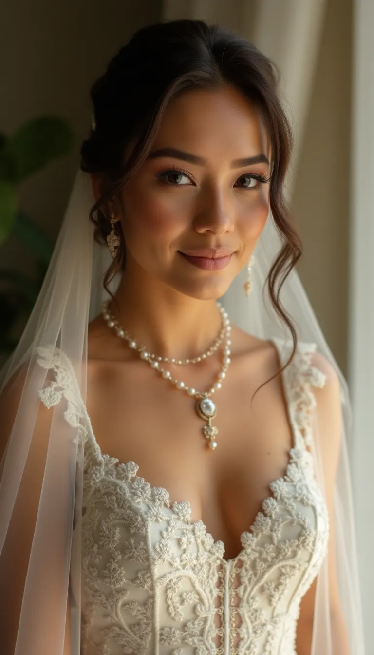 latin american woman in wedding attire  enveloped in a soft  romantic ambiance
