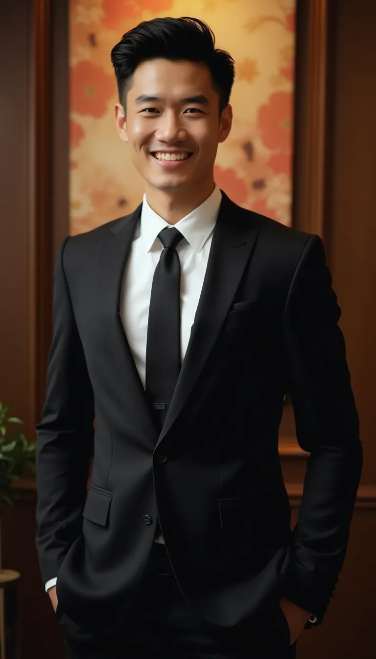 asian man in a formal suit  posed with a romantic background