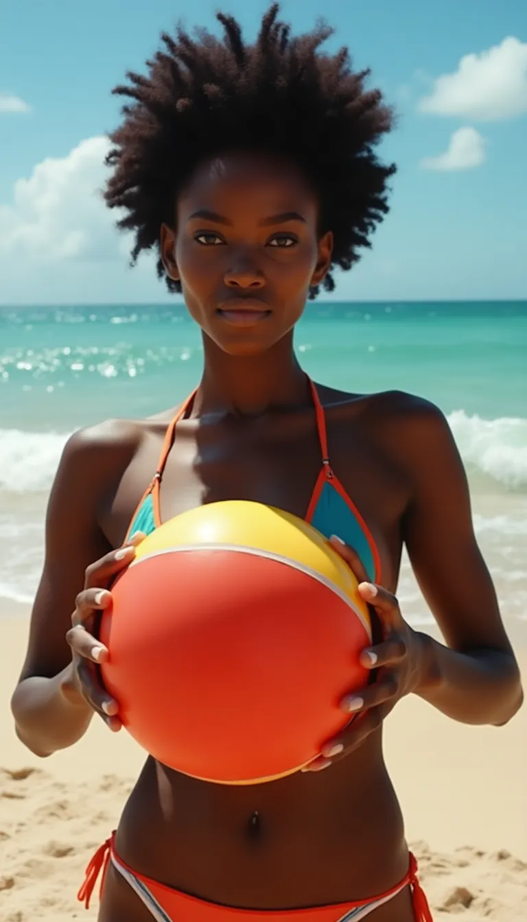 black woman holding a colorful beach ball  sandy shores