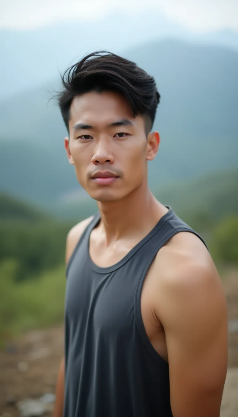 asian man in a tank top  with a scenic mountain backdrop