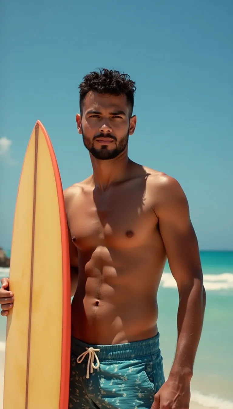 latin american man holding a surfboard on a sunny beach