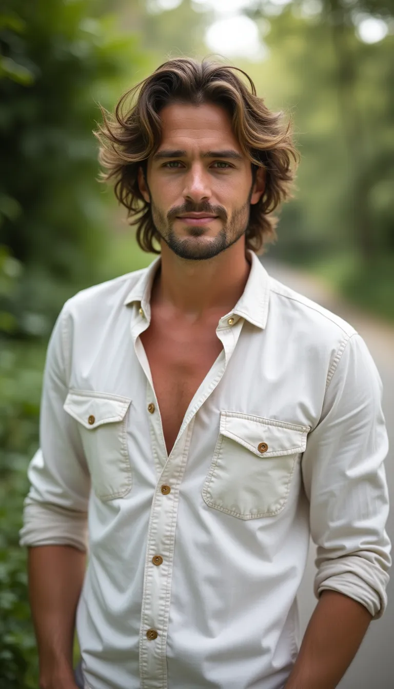 european man in a light summer shirt  standing in a garden
