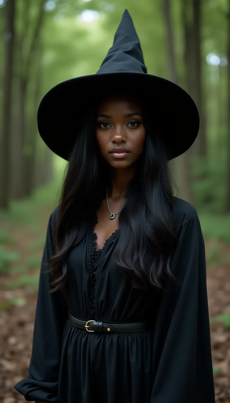 halloween-black-woman-dressed-as-a-witch-in-a-dark-forest